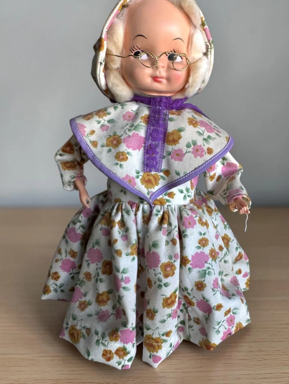 Vintage 1950s Grandma Doll with Floral Dress and Wire Glasses, Mid-Century